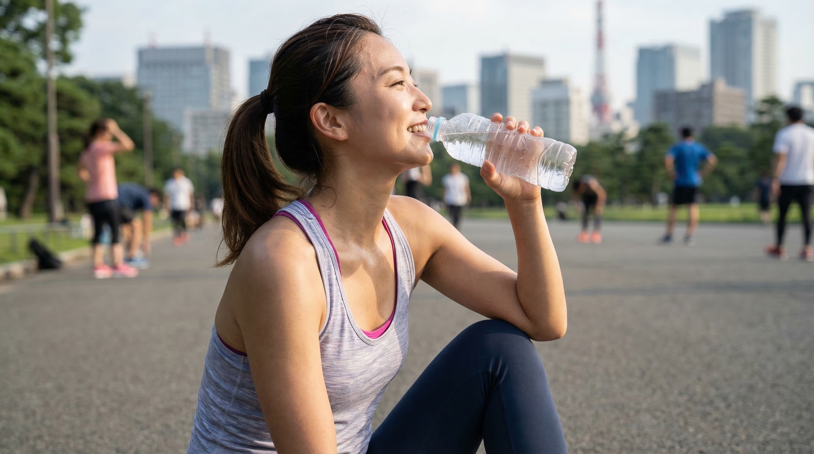 運動後に水を飲む女性